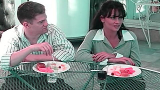 Blonde Seductress at the Patio Table: Hot Oral Fun