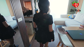 Emo girl first gives blowjob on the beach and then gets fucked at home