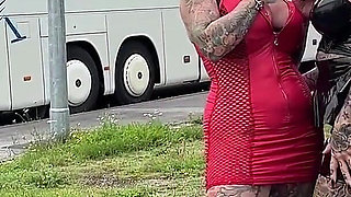 Two Horny Leather Tattoo Sluts Fuck Truck Driver at the Rest Area!
