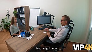 Hot redhead girl in seductive stockings comes to her loaner and offers her tight ass for some wild fucking in exchange for some money