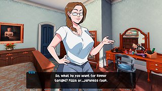 Big boobed mother in an anime visual novel with a caboose