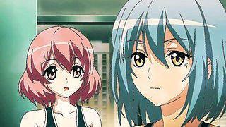 Four anime girls in black one-piece swimsuits on teal indoor pool deck